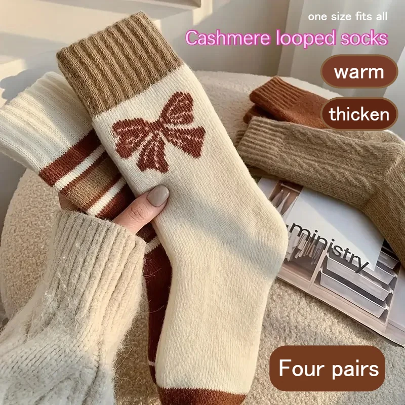 أزواج جديدة من الجوارب النسائية المحبوكة الشتوية العصرية السميكة والمريحة ذات الفم المستدير - طراز قديم مع تفاصيل فيونكة #3