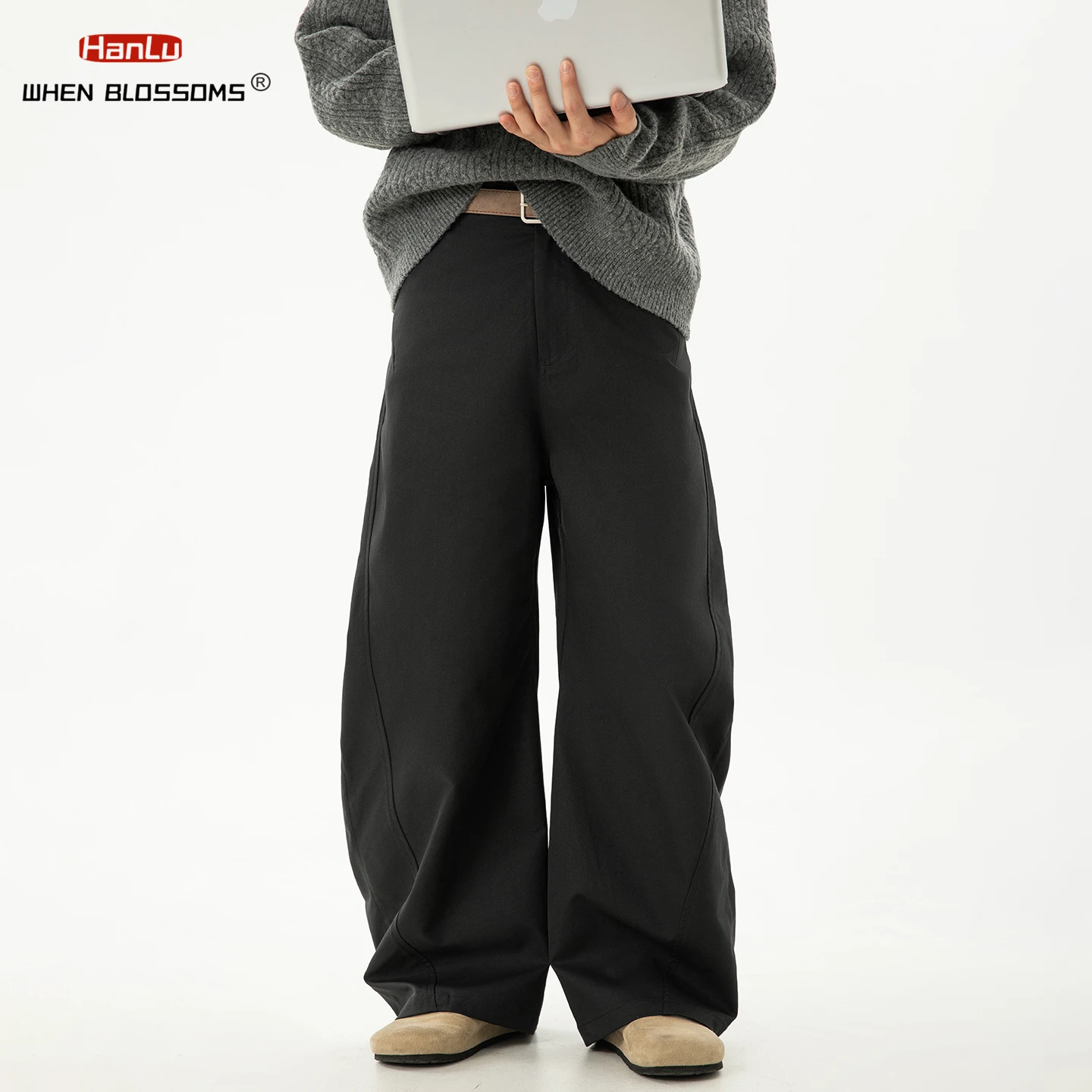 HANGLU 2025 Men's Side Panel J-Cut Trousers Pleated Design Loose Fit Vintage Streetwear Casual Pants