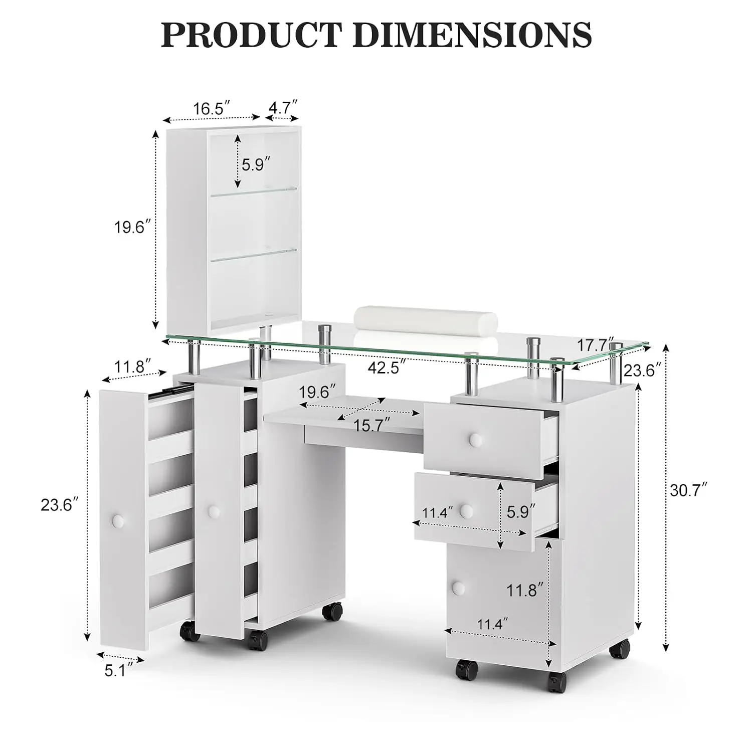Paddie Manicure Table Nail Desk for Technician, Acetone Resistant Nail Tech Table Nail Table Station w/Glass Desktop, Wrist Cush