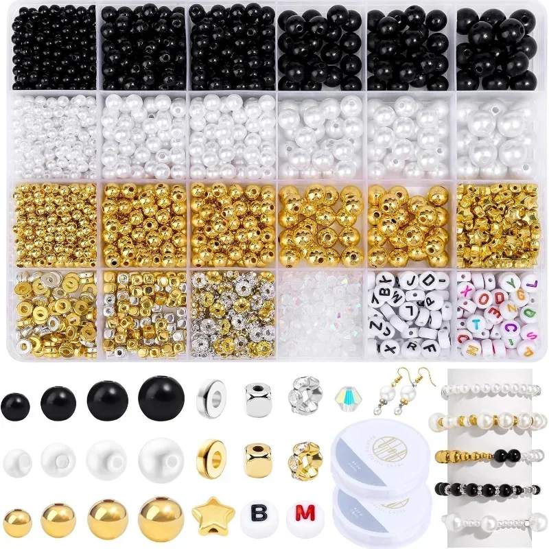 

1800pcs 24 Cases 1800 DIY Highlighted Black and White Pearls Beads Bracelet Kit