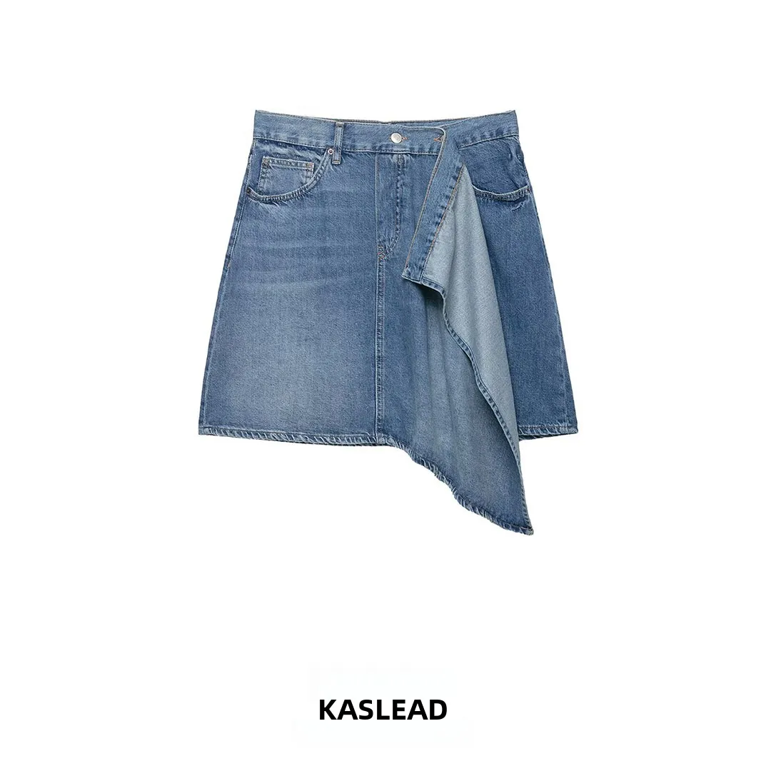 KASLEAD New Women's Fashion Asymmetrical Design Denim Skirt Standard Fit Summer 2026 Polyester Fiber mid Waist A-Line Skirt