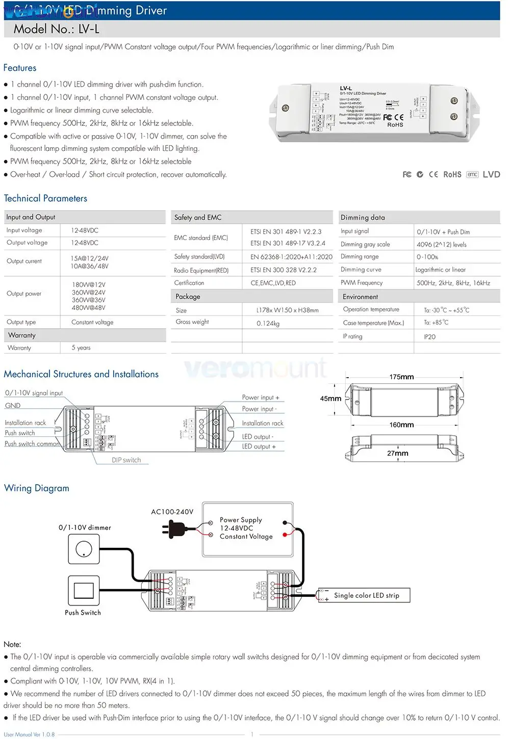 Skydance LV-L 0/1-10V LED Dimming Driver PWM Constant Voltage 1CH DC 36V 24V 12V 0-10V Dimmer 1 Channel 1-10V + Push Dim Signal