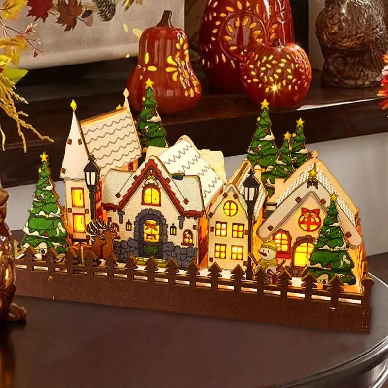 Christmas LED Wooden Village Christmas Houses LED Winter Scene Wooden Christmas Villages Pre-Lit Figurines Christmas Supplies