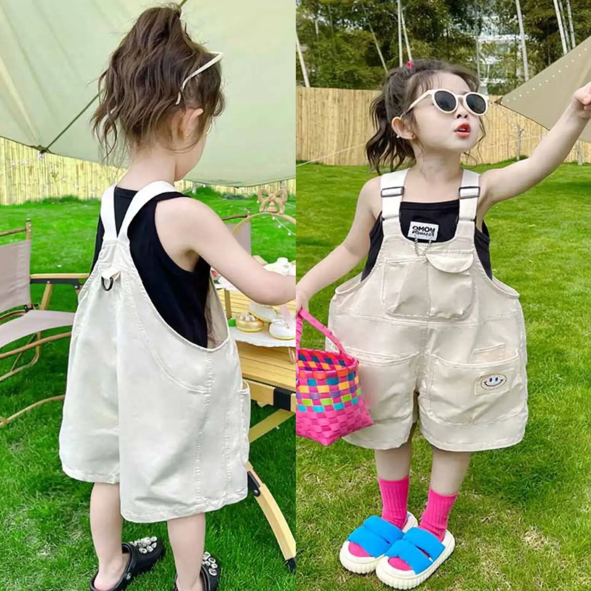 

Summer Denim Small Children Girl Overalls Double-breasted Solid Jeans Jumpsuit Pocket Kids Baby Loose Rompers Outfits 3-10Y