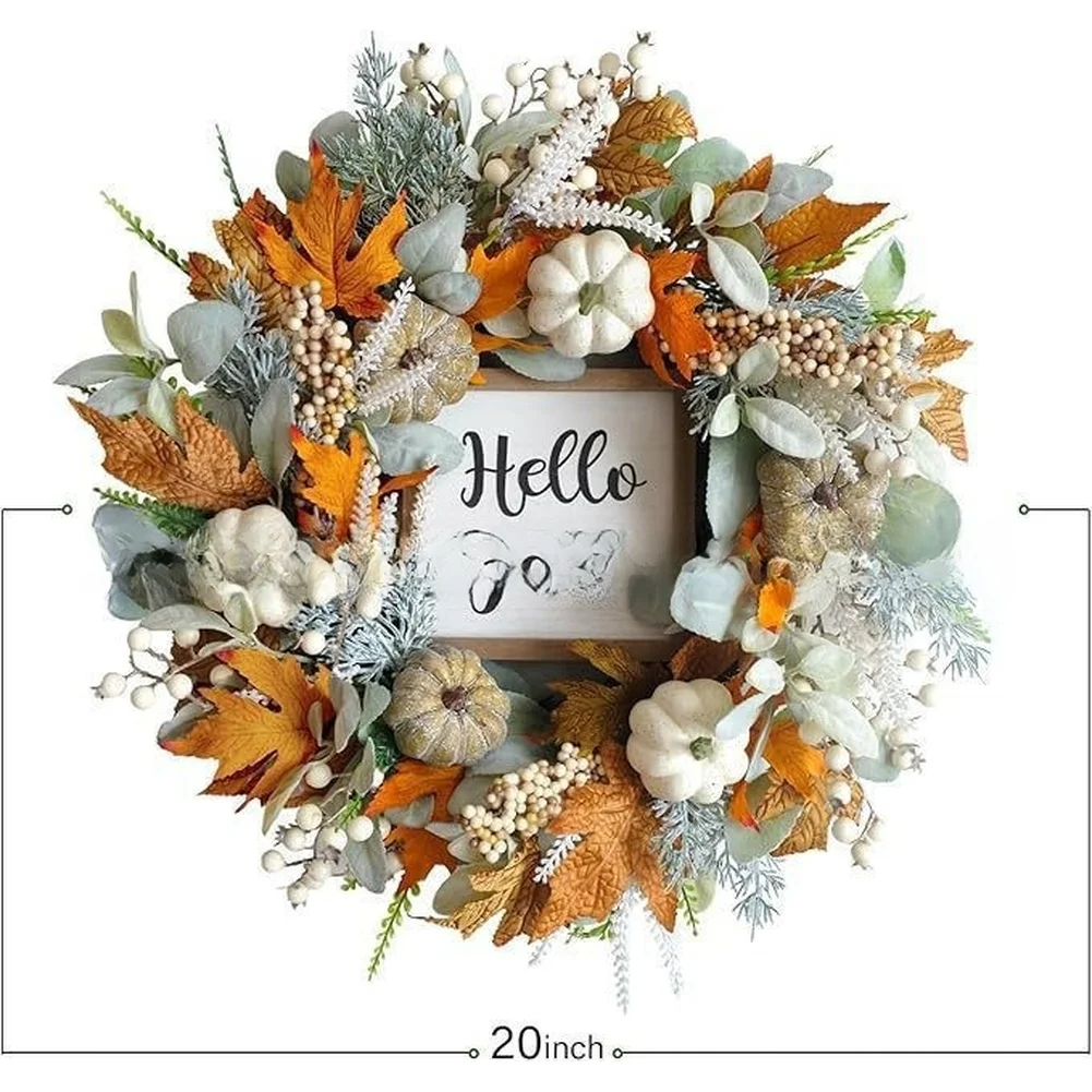 Artificial Pumpkin Maple Leaf Wreath for Door Hanging Autumn Decoration with Wooden Sign and Berries 45cm Green White