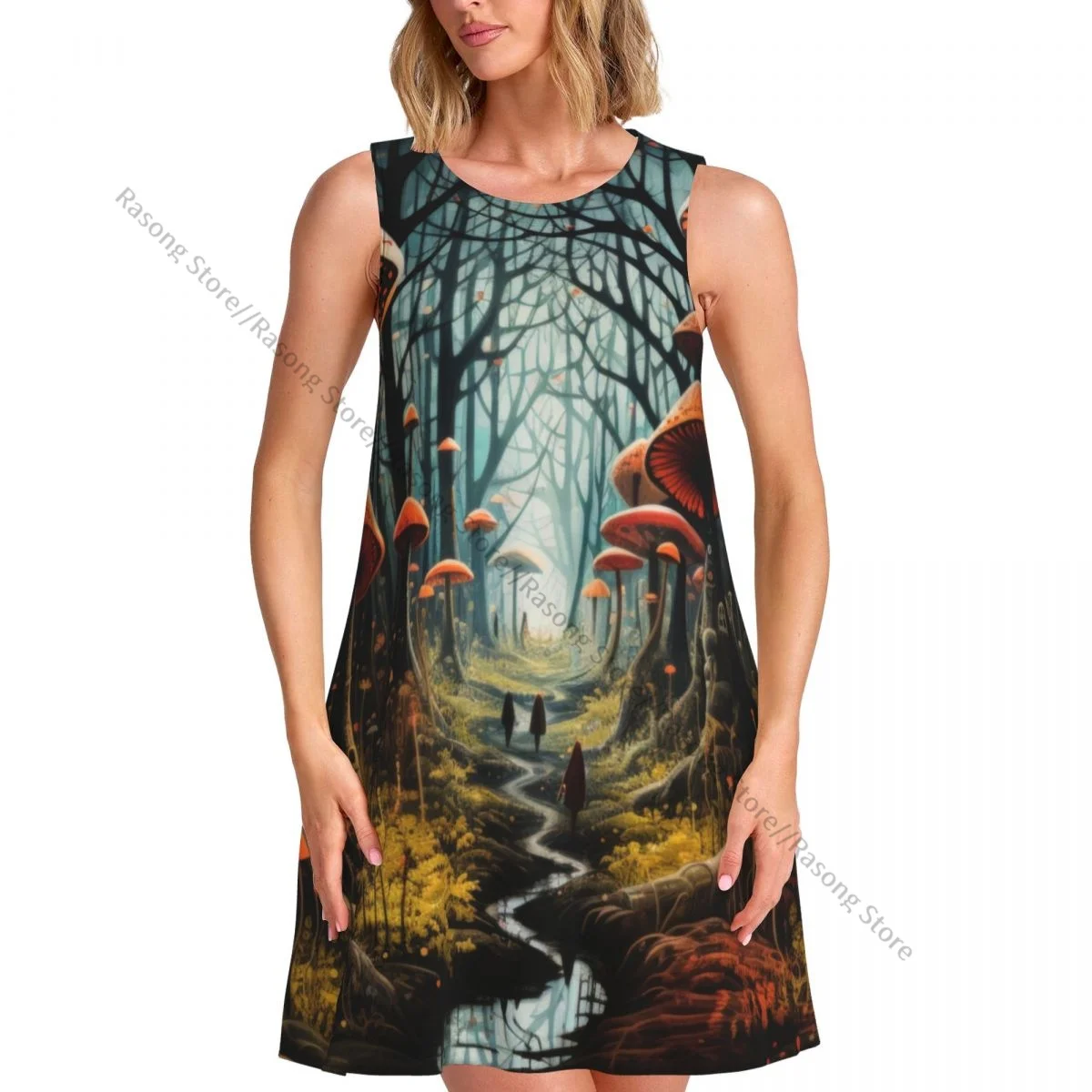 فستان نسائي صيفي كاجوال فساتين تي شيرت لتغطية الشاطئ فستان بدون أكمام على شكل فطر الغابات