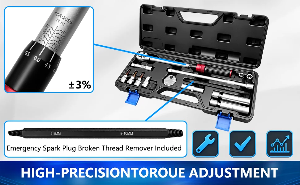 15-teiliges 1/4-Zoll Zündkerzen-Drehmomentschlüssel-Set — ±3% Hochpräzises Ratschenwerkzeug-Set, inklusive Zündkerzenabzieher – Detail 2