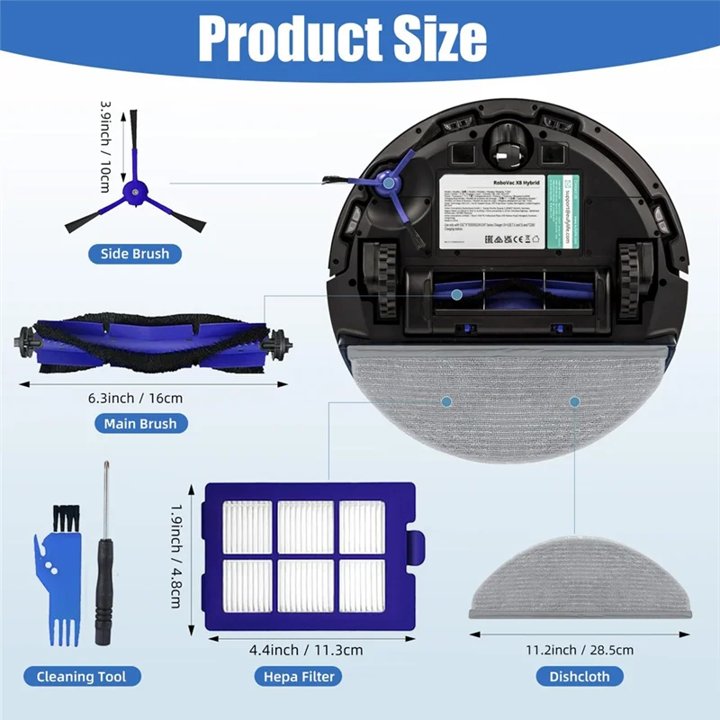 A24P pour Eufy Robovac X8/X8 hybride-Kit d'accessoires de remplacement comprenant des brosses à rouleaux, des brosses latérales, des filtres HEPA et 2 tampons de vadrouille