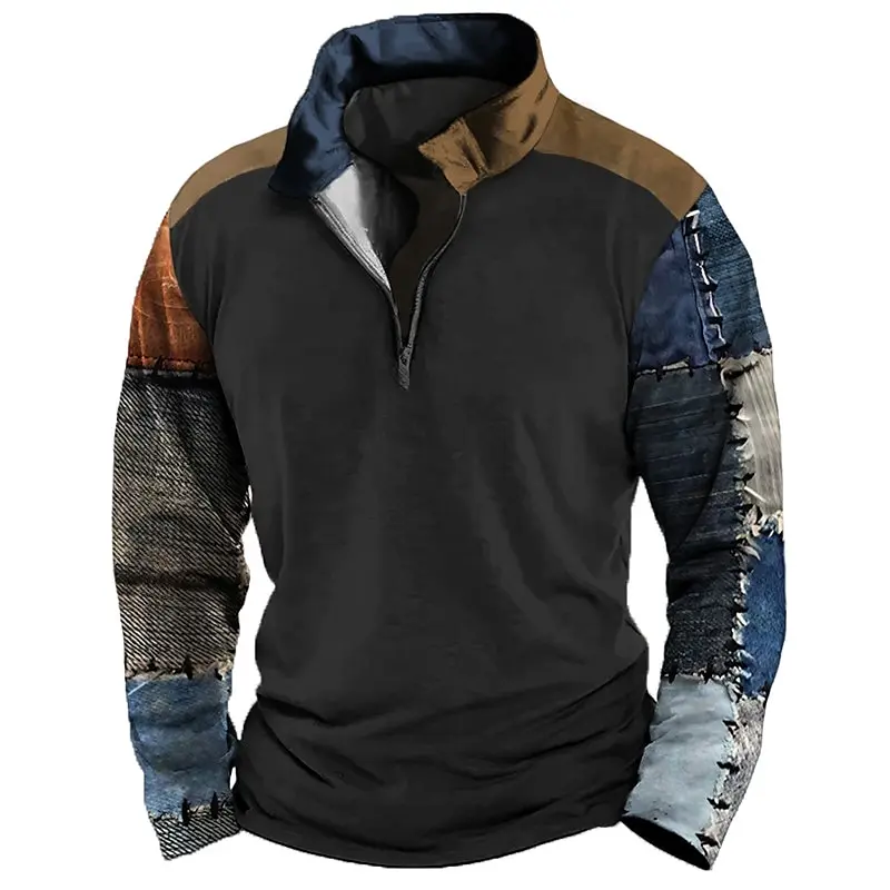 Simple Patchwork Print Men's Tops Fashion Half Zip Long Sleeve Pullover Casual Stand Collar Sweatshirts Oversized Street Clothes