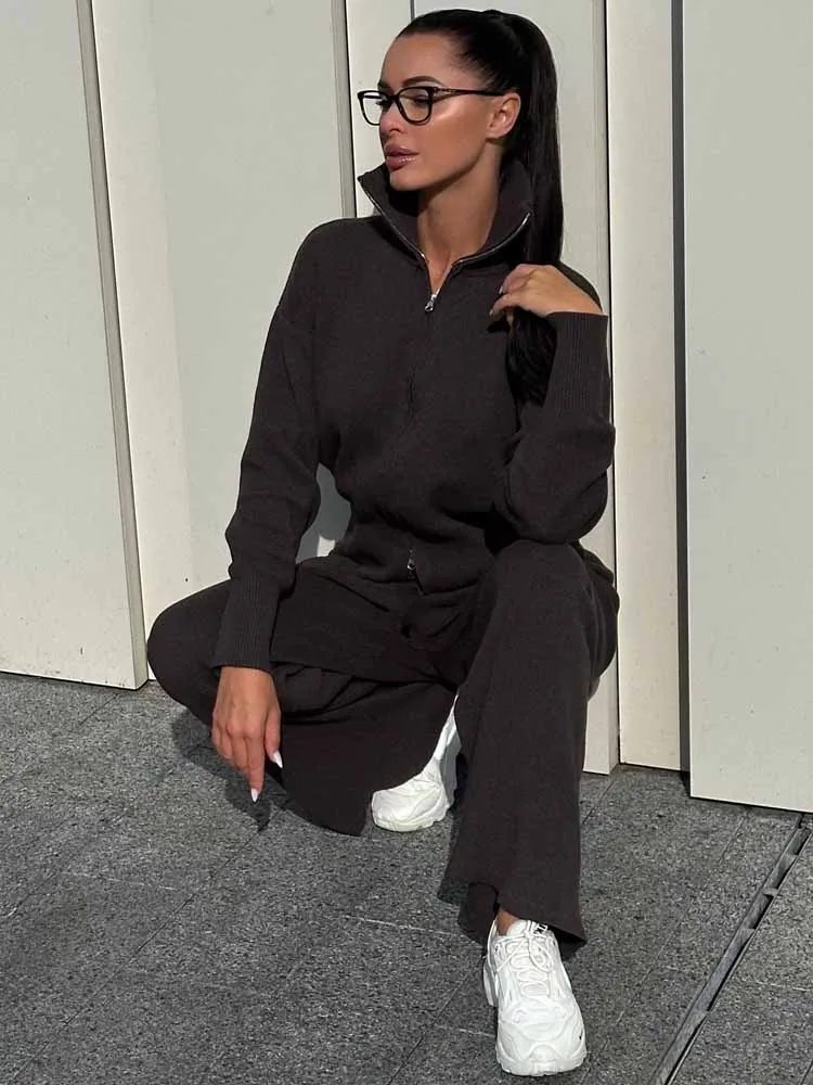 BKQU Autumn Winter Double Zipper Knitted Pants Set Women Casual Long Sleeve Pullover Sweater Wide Leg Trousers 2 Piece Tracksuit