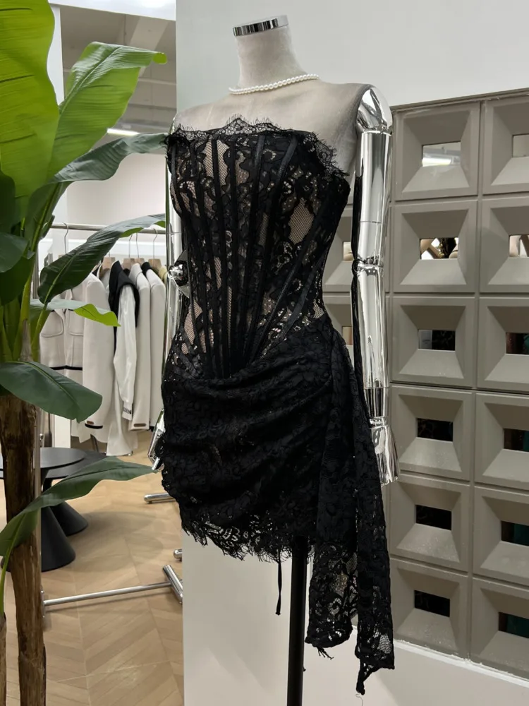 DFDG Women’s Vietnamese Vintage Designer Lace Dress Sheer Strapless Corset Tie Waist Party Spring Summer Evening Events Dress