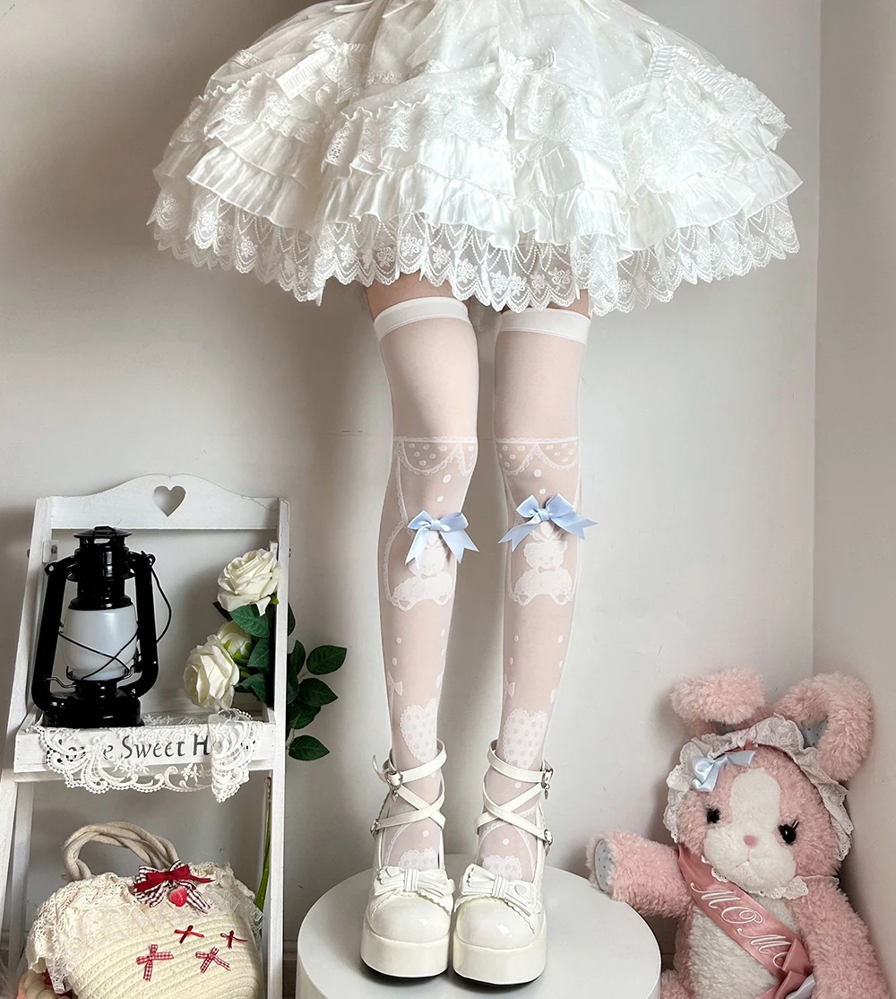 

2025 Japanese style cute and sweet thin Lolita bow printed silk stockings high knee socks