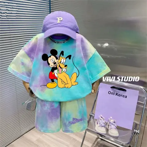 여름 아기 소년 의류 세트 아이 소녀 디즈니 미키 인쇄 티셔츠와 반바지 2pcs 정장 어린이 짧은 소매 넥타이 염색 의상