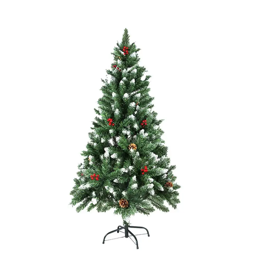 5ft/6ft/7ft Snowy Christmas Tree With Metal Stand Red Berries Pine Needles Artificial Hinged Xmas Tree For Holiday Celebration