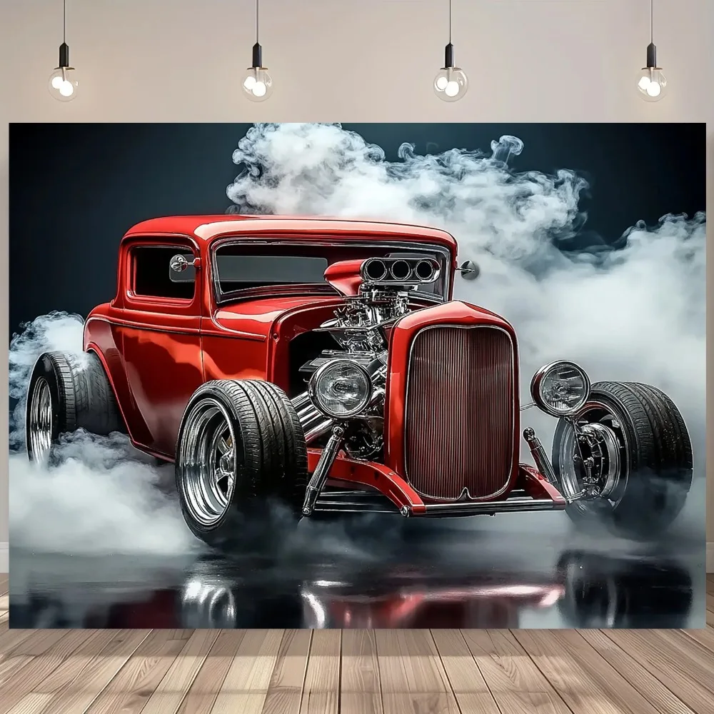 Fotografie-Hintergrundstoff mit Vintage-Oldtimer- und Rauchauto-Motiv, Geburtstagsfeier, Heimdekoration, Fotostudio-Hintergrund