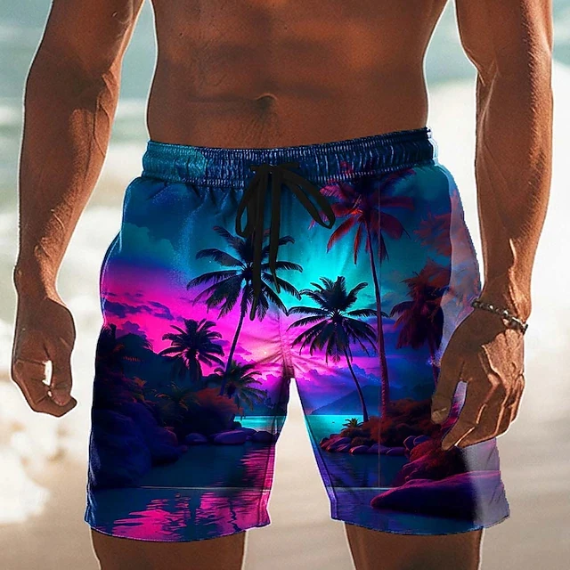 Colorful Gradient Sunset Beach Shorts Men 3D Tropical Palm Tree Print Quick Dry Swim Trunks Casual Streetwear For Beach Party