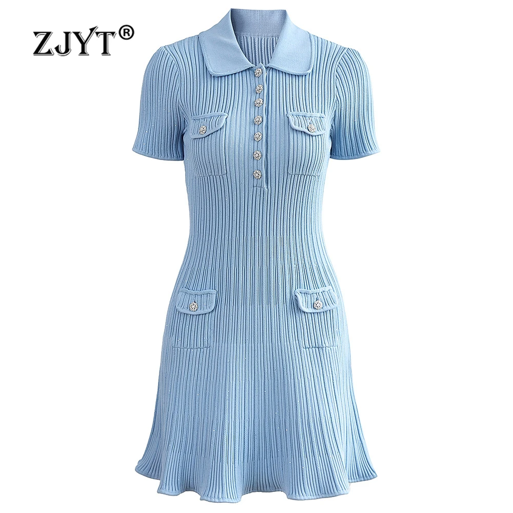 

ZJYT Fashion Summer Sweater Dresses for Women 2024 Elegant Short Sleeve Sheath Mini Knitting Party Dress Vestidos Female Clothes