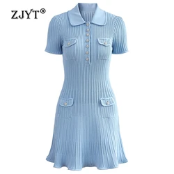 ZJYT Fashion Summer Sweater Dresses for Women 2024 Elegant Short Sleeve Sheath Mini Knitting Party Dress Vestidos Female Clothes