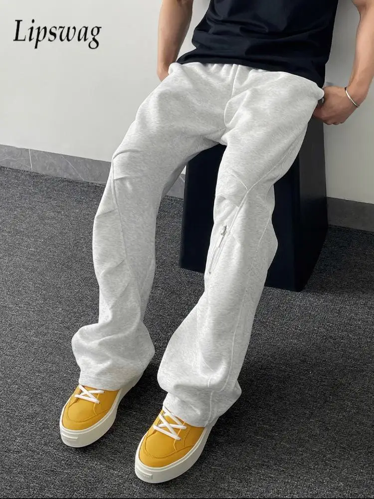 

Spring Fall Trendy Mens Sweatpants Streetwear Vintage Zipper Designer Pants Stylish Men Solid Color Drawstring Straight Trousers