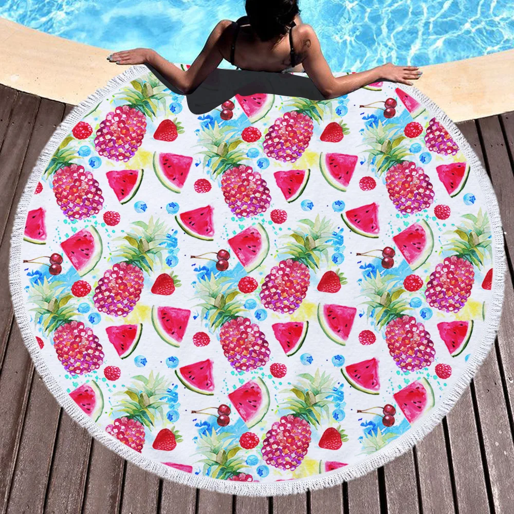 Summer Round Beach Towel Cartoon Fruit Printed Fringed Round Blanket Bath Towel Quick Drying Beach Towels Holiday Supplies