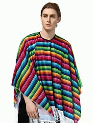 Retro Mexican Cape Poncho Shawl Men Women Costume Cosplay Cloak Festival Party Ethnic Stripe Colorful Loose Cape For Adult Kids