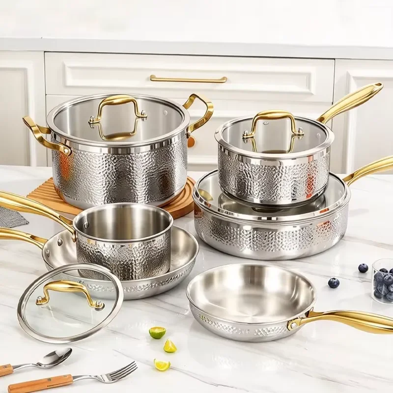 Custom Home Kitchen Cooking Pots and Frying Pans Gold Handle Hammer Non-Stick 304 Stainless Steel Cookware Set