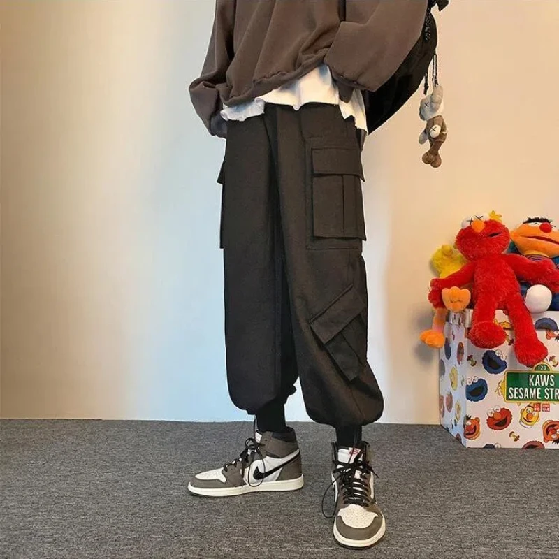 Korean Minimalist Summer Cargo Pants Men's Patchwork Pockets Solid Color Loose Straight Drawstring Binding Casual Harlan Pants