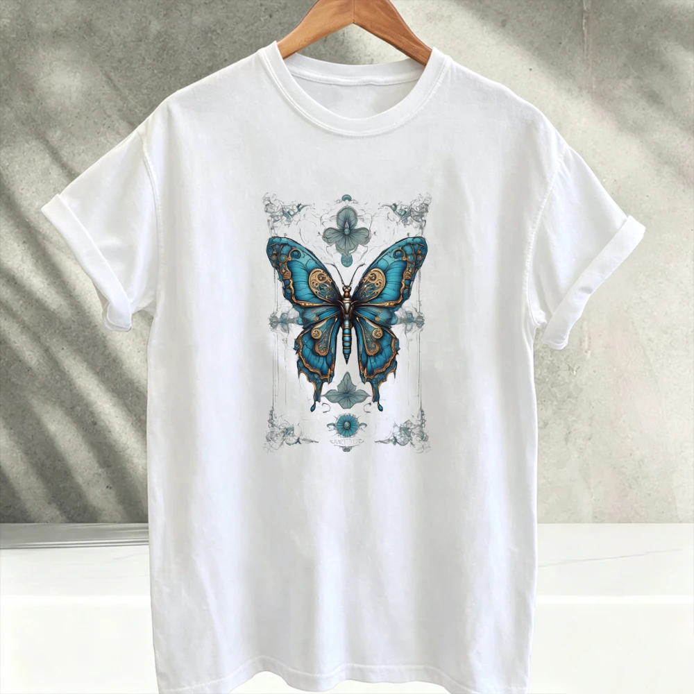 Steampunk Butterfly Blue Gold Floral Symmetry Cotton T-Shirt Short Sleeves Crew Neck Relaxed Fit Casual Unisex Graphic Tee Tops