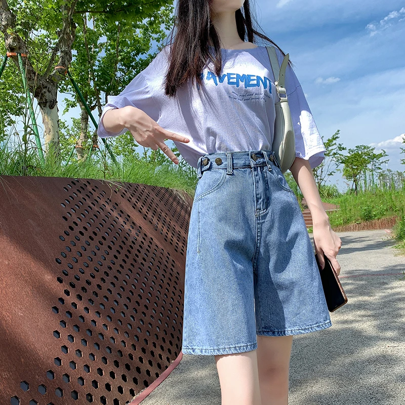 

Loose Fit Women's Summer Deep Blue Denim Shorts Adjustable Drawstring Waist Casual Shorts