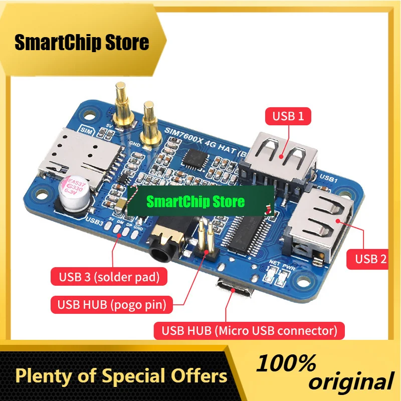 SmCpSIM7600G-H 4G HAT (B) For Raspberry Pi 4 3 Zero LTE Cat-4 4G 3G 2G Support GNSS Positioning Global Band Via Micro USB Pogo P