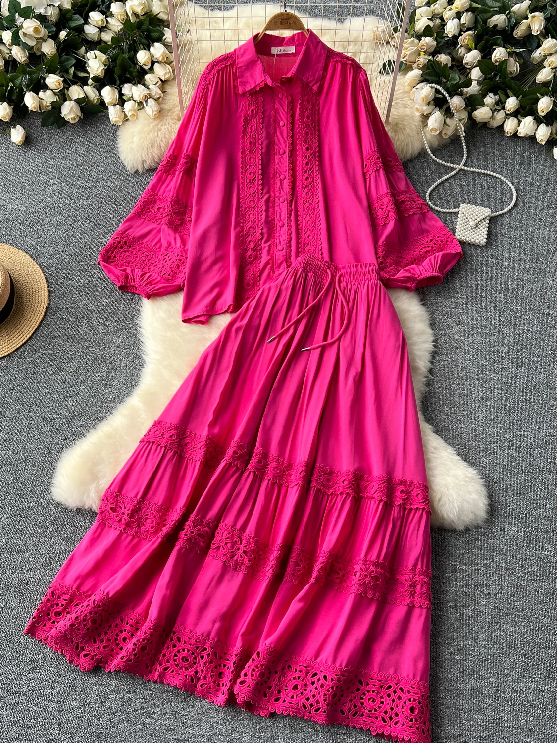 

Retro Loose Collar Lantern Sve Lace Patchwork Top High Waist Flared Skirt Two Piece Set Anti-Aging Women's Faion Ensemble