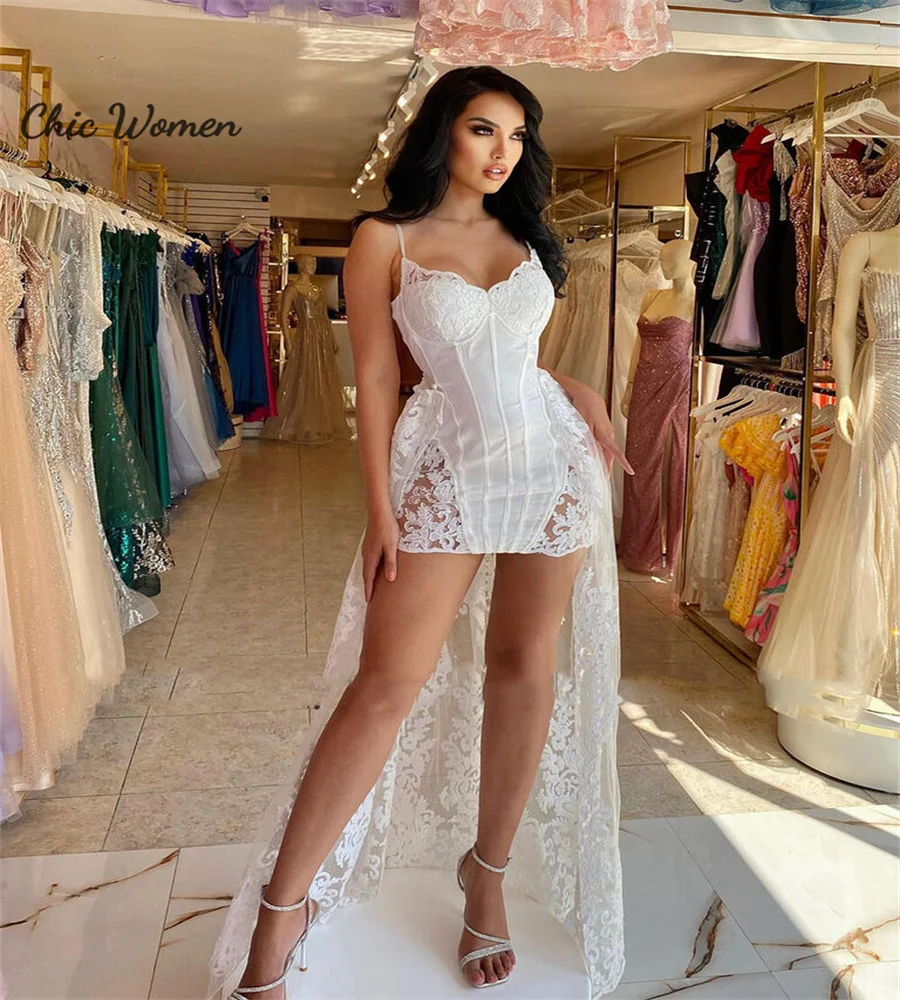 Short Boho Wedding Dress With Detachable Train Sexy Spaghetti Straps Beach Bohemian 2 In 1 Bridal Customized Lace gatsby Bride