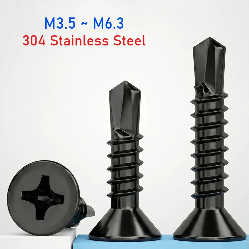 M3.5 M3.9 M4.2 M4.8 M5.5 M6.3 Black 304 Stainless Steel Cross Recessed Flat Head Self Drilling Screws for Wood Metal Sheet