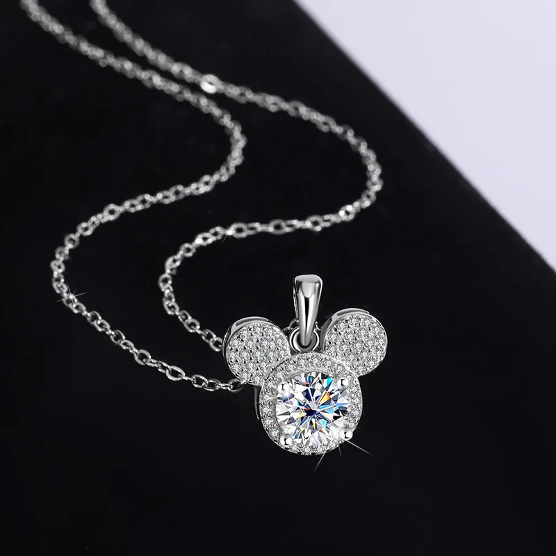 

High-quality Silver Mickey Pendant, 1-carat Moissanite Necklace, Fashionable Diamond Ring, Round Bag Women's Pendant