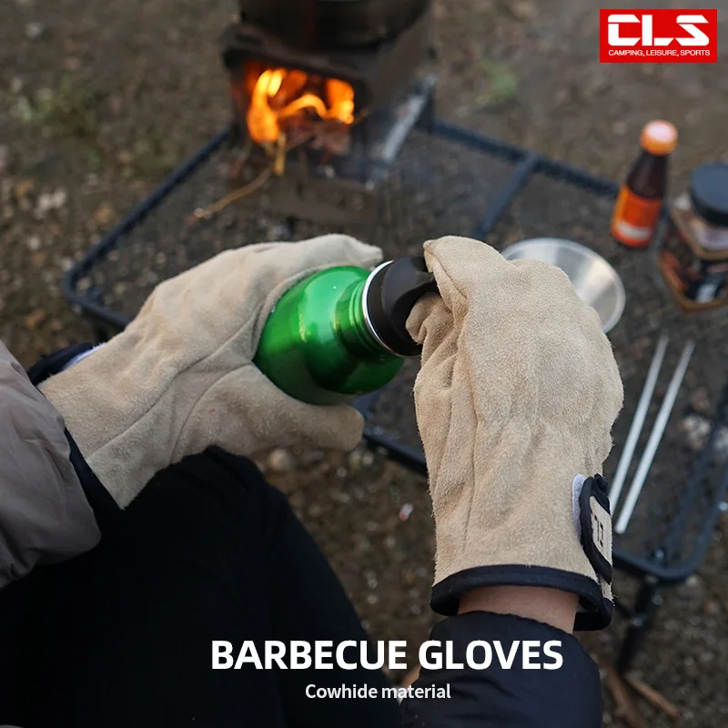 Outdoor Picnic BBQ Camping Fire Barbecue Cowhide Anti-scalding Heat Insulation Thickened Wear-resistant Labor Protection Gloves