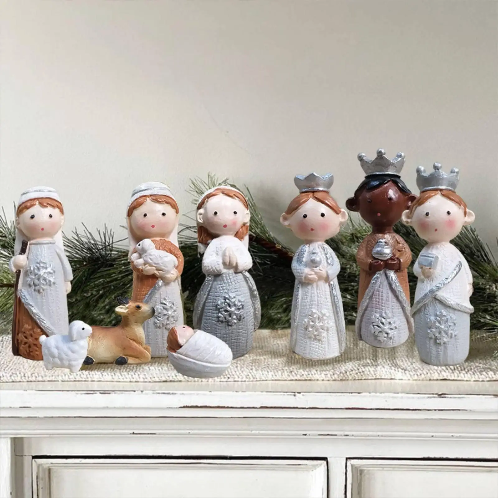 12 Pieces Christmas Manger Scene Figures Hand-Painted Look Nativity Figurines Resin Jesus Birth Ornament for Living Room,