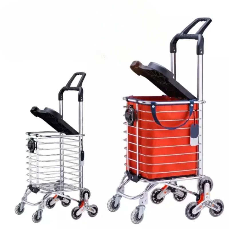 Folding Grocery Cart Portable Shopping Trolley Aluminum Alloy Lightweight Step Climbing Trolley with Telescopic Rod 35L Big