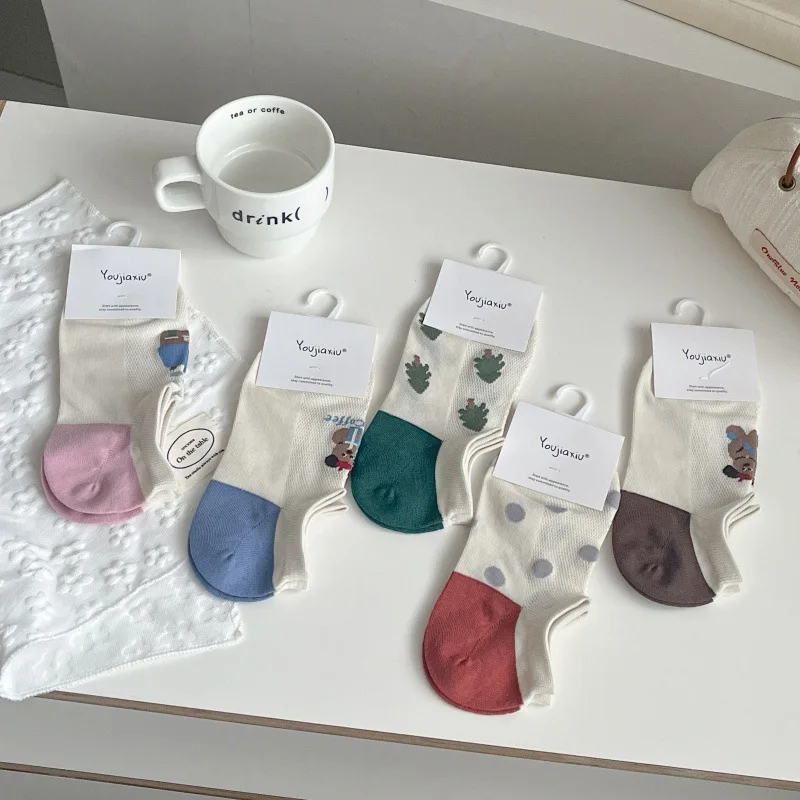Spring New Socks Women's Thin Color Matching Mesh Cute Cartoon Socks Light Mouth Invisible Boat Socks