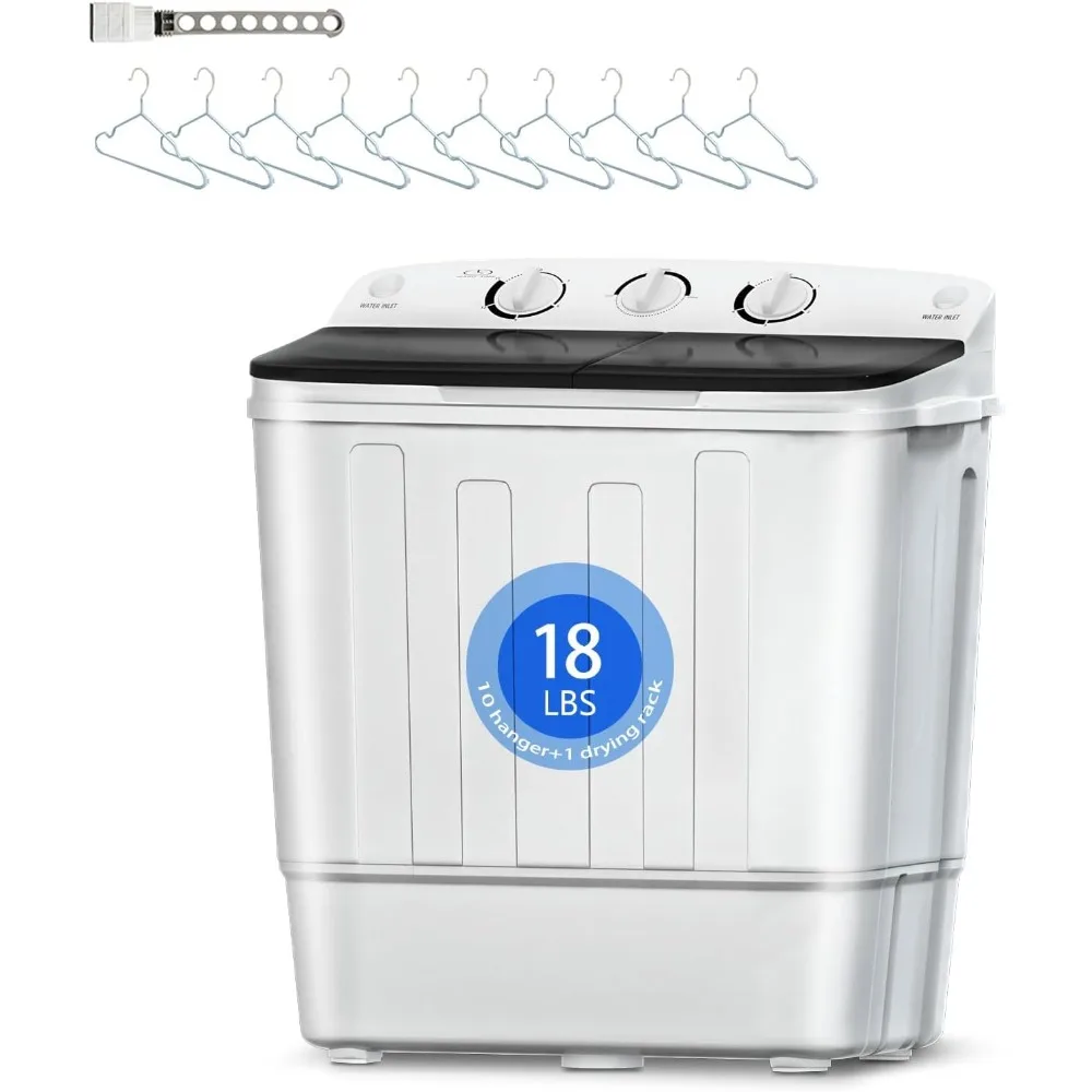 

Mini Twin Tub 18Lbs Washing Machine with Drying Rack and 10 Hangers, Washer(11Lbs) and Spinner(7Lbs), Compact Laundry Washer