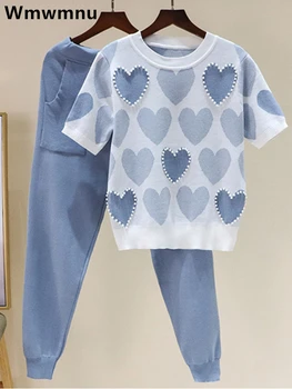 ผู้หญิงแขนสั้นประดับด้วยลูกปัดเสื้อถัก TEE Tops Conjunto รักเกาหลีพิมพ์ถัก 2 ชิ้นชุด 90 ซม.จ๊อกกิ้ง Malhas กางเกงชุดลําลอง