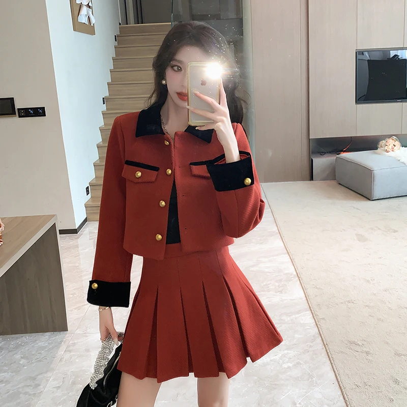 Casaco curto feminino e mini conjunto de saia linha A, senhora casual do escritório, elegante, novo designer, outono, inverno, 2 peças
