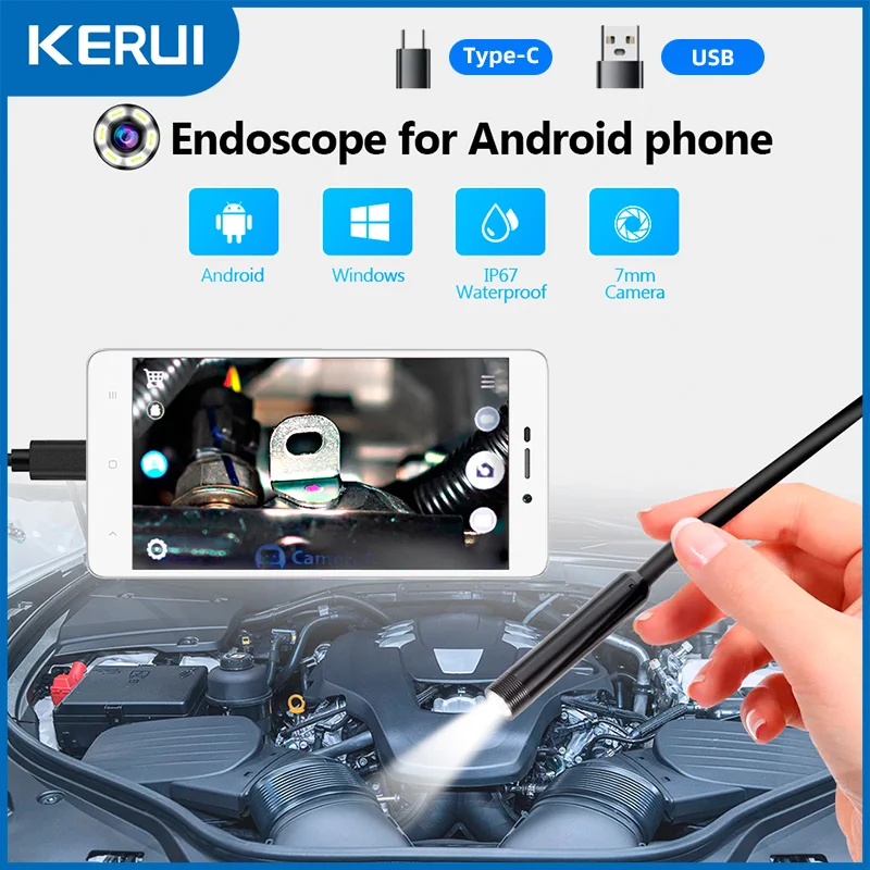 KERUI New 7mm Endoscope Camera 3 in 1 Mini Camera Type C/Micro USB/USB-A Interface Inspection Borescope for Android Phones PC