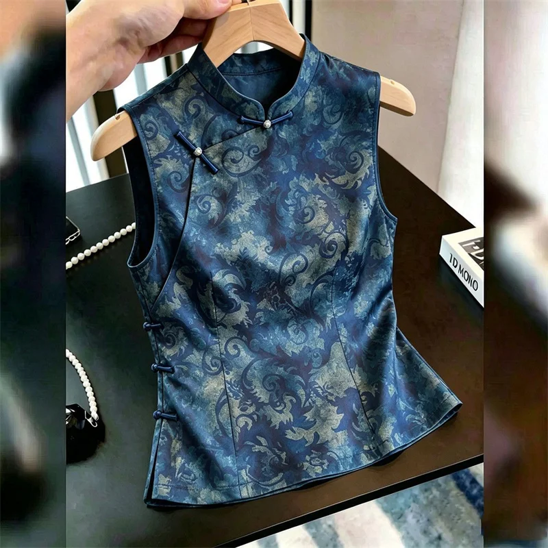 Fashion Spring and Summer Retro Navy Print Stand Collar Oblique Vest Female Chinese National Style Buckle Slim Sleeveless Top
