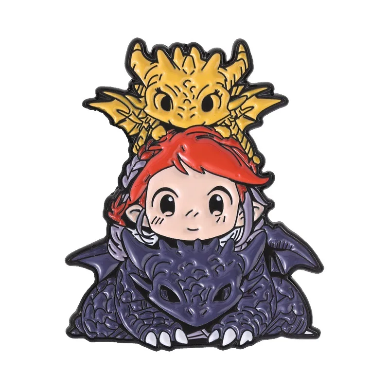 Red-haired child's double dragon-shaped badges,  Fantasy fairy tale character series pins, accessory for clothing bags, gifts