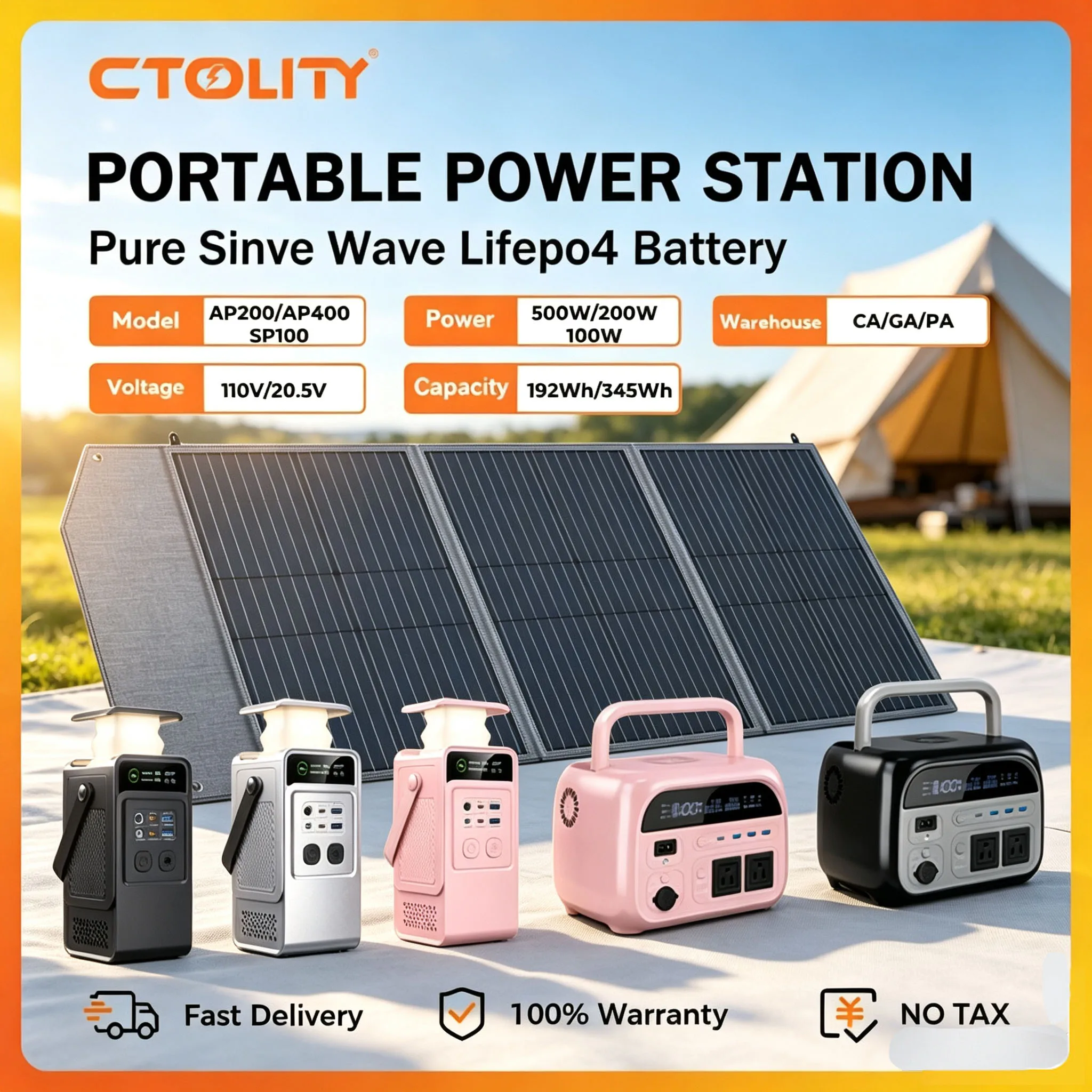 CTOLITY 500W 200W Power Station With 100W Solar Panel 20.5V USB TYPE-C Portable Power Bank 345.6Wh 192Wh Lifepo4 Battery Charging Station