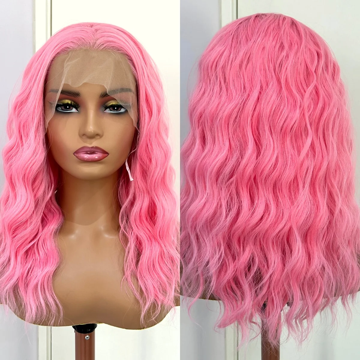 Short Curly Wave Pastel Pink Wigs for Women Synthetic Free Part Shoulder Length Pink Bob 13X4 Lace Front Wigs for Women Party