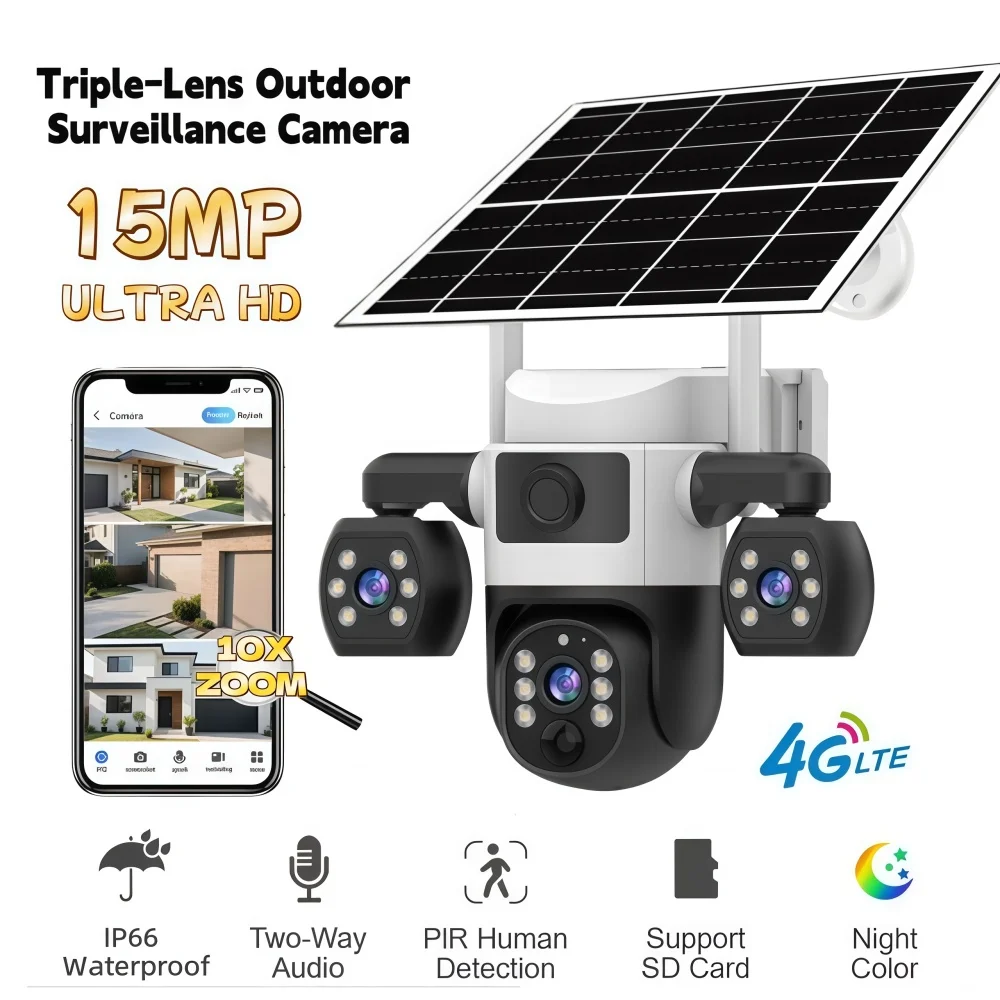 

4G IP Security Camera Solar-Powered Monitor 3 Lenses, 360° View 10x Zoom PIR Motion Detection Night Vision Home Monitor Outdoor
