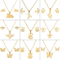 New Animal Wolf Butterfly Bee Snake Pendant Stainless Steel Necklace For Women Gold Color Chain Necklaces Earrings Jewelry Set