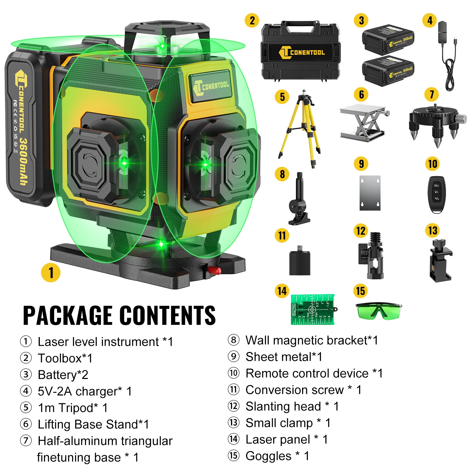 CONENTOOL 16 Lines Green Beam Laser Level 4D Self Leveling 360° Cross Line Laser Level W/ Tripod Measuring Tool for Outdoor Use image 3