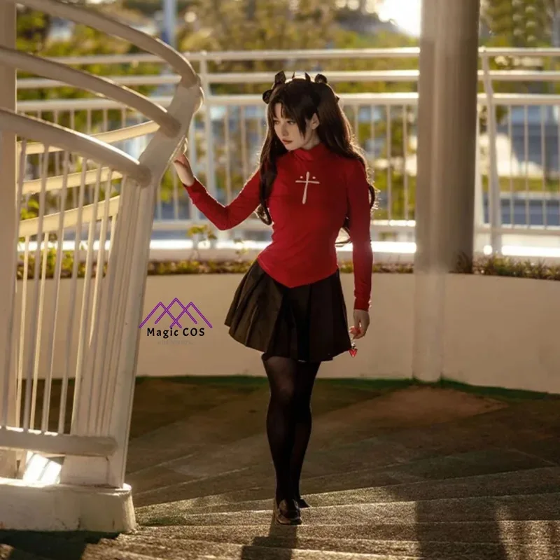 أنيمي مصير البقاء ليلة Tohsaka رين تأثيري حلي شعر مستعار طويل أحمر أسود تنورة مجموعة للنساء كرنفال البدلة لعب الأدوار فستان الهالوين
